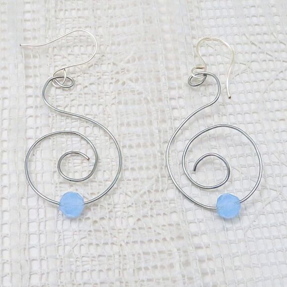 Silver Dangle Spiral Earrings with Blue Stone Handmade Lightweight Drop Earrings - Picture 1 of 8